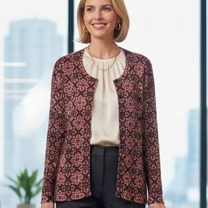 Talbots $100 Large Burgundy Geometric Print Metallic Shimmer Cardigan